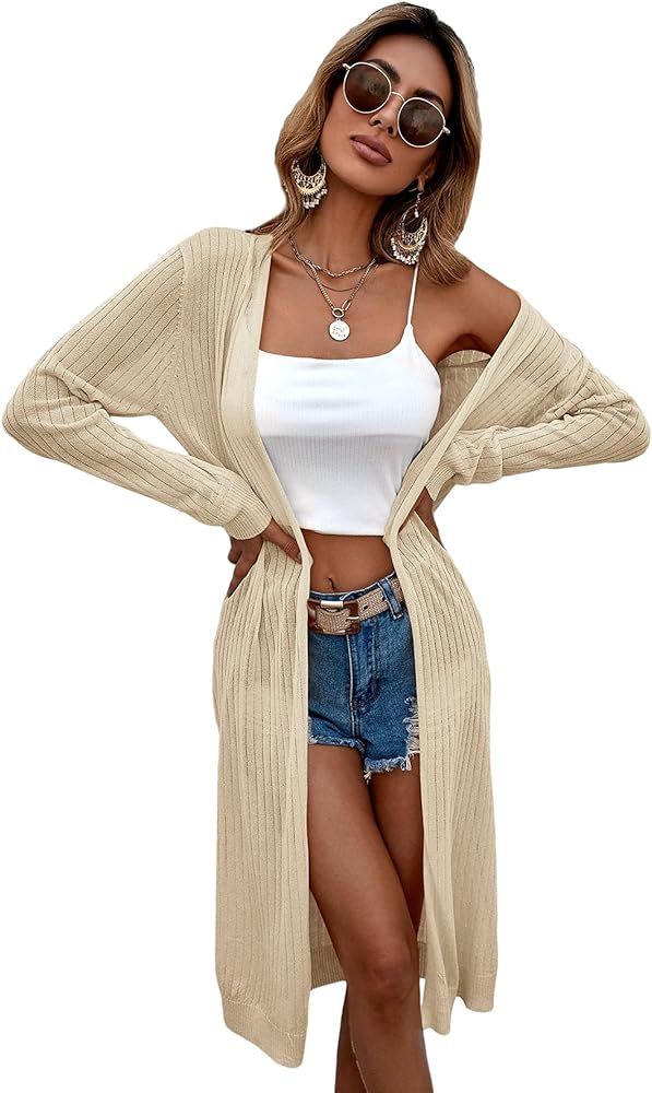 Verdusa Women's Long Sleeve Open Front Ribbed Knit Duster Coat Sheer Cardigan | Amazon (US)
