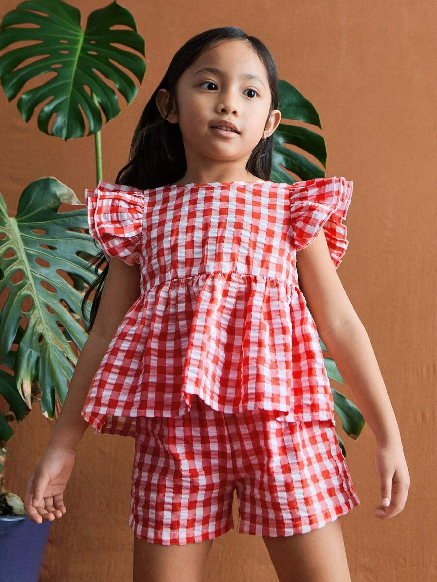 THE HAPPY LOOK Young Girl 2pcs Red Plaid Detachable Ruffle Bowknot Blouse Sets | SHEIN