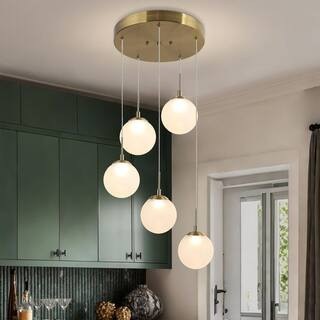 Modern Farmhouse 5-Light Integrated LED Brass Gold Linear Chandelier Lighting, Globe Frosted Glass Round Pendant Light | The Home Depot