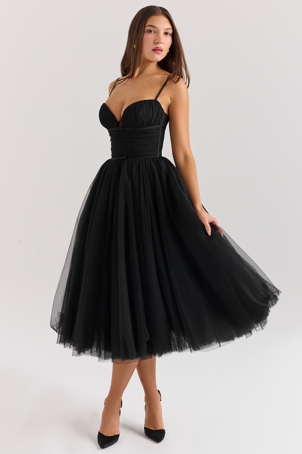 black tulle ruched bodice midi dress - sale | House of CB