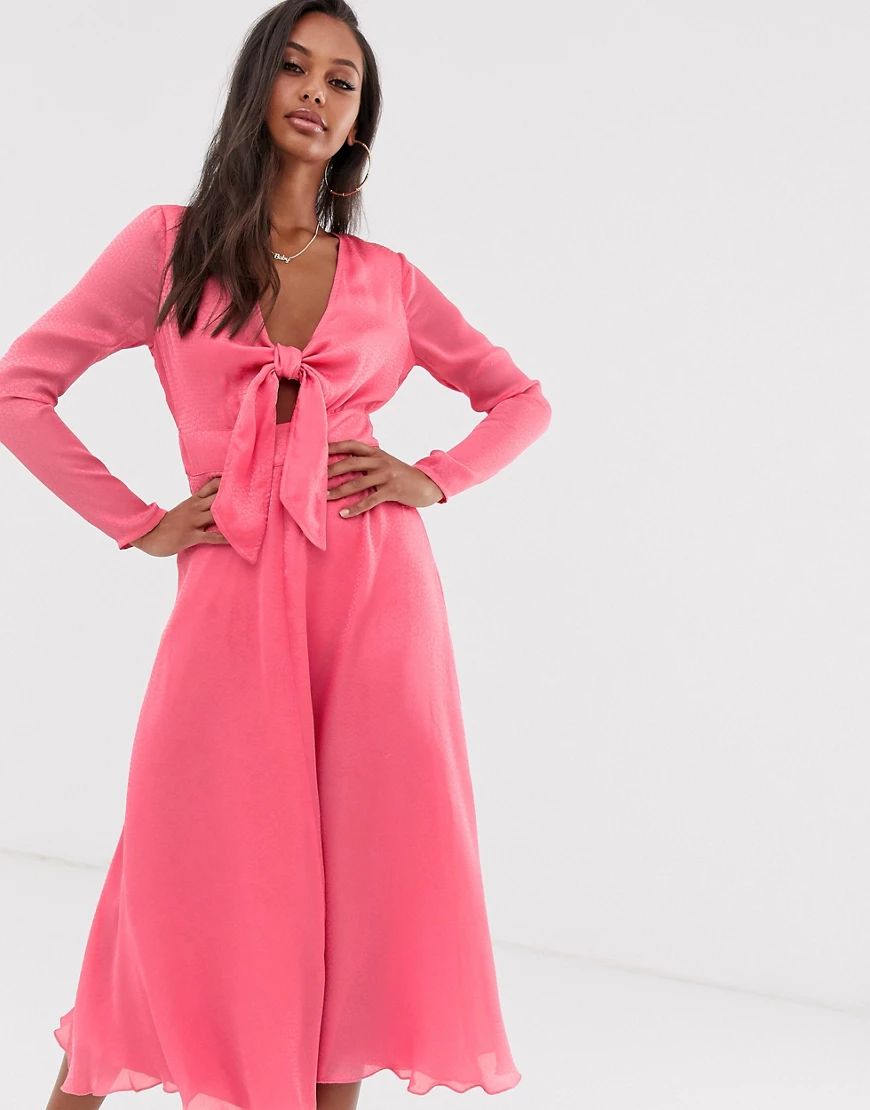ASOS DESIGN tie front midi dress in jacquard-Pink | ASOS (Global)