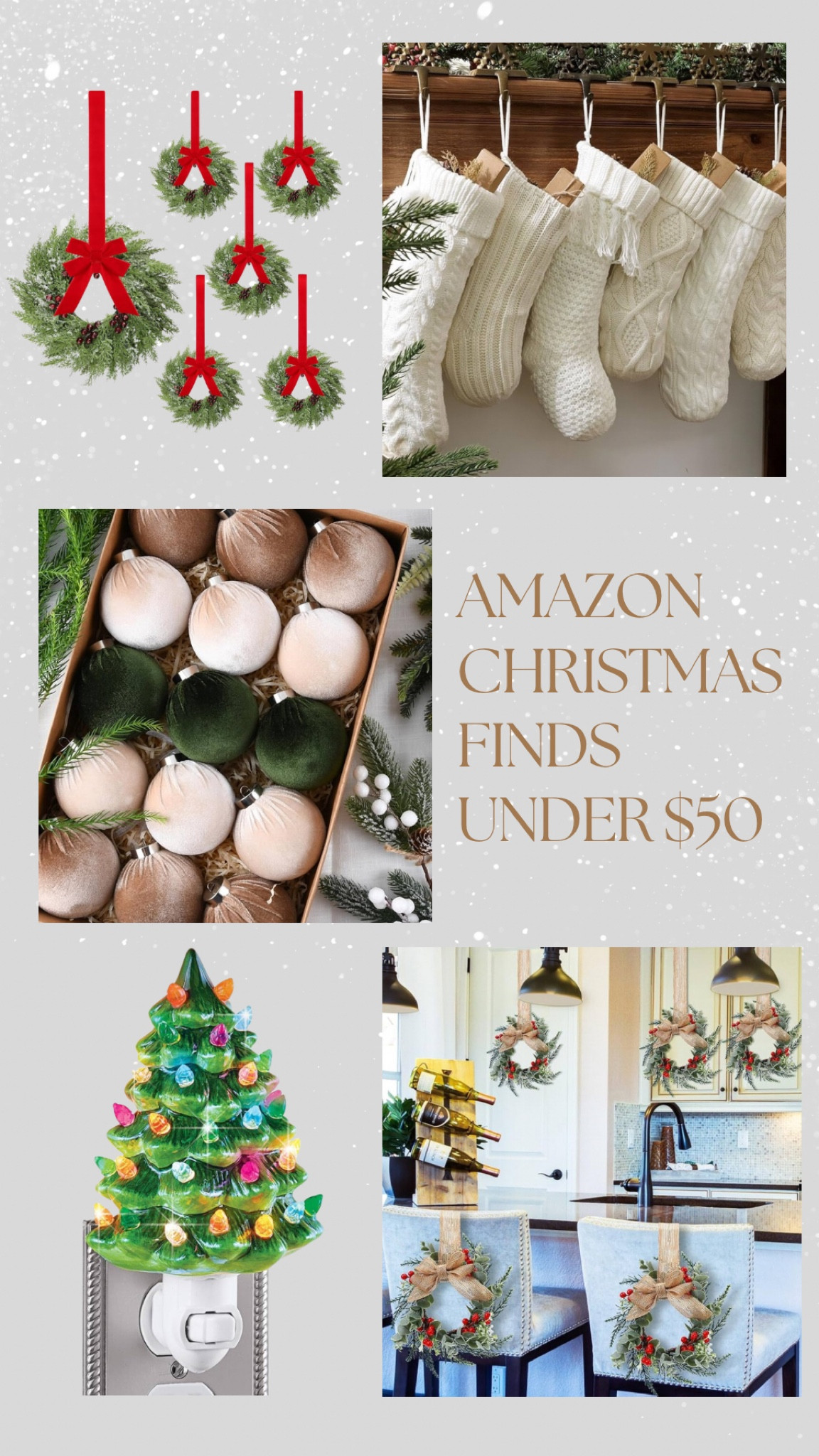 AMAZON CHRISTMAS FINDS $50 AND UNDER!!! actually $30 and under now that i look haha.. oops
the stockings 😍 best deal i’ve found! also loving all of the velvets this christmas season! 
the vintage christmas tree too🥹 how cute! 
i definitely plan on using the wreaths to hang on the back of my barstools and cabinets!

#LTKHoliday #LTKSeasonal #LTKFindsUnder50