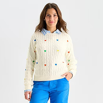 new!St. John's Bay Womens Crew Neck Long Sleeve Hearts Cable Knit Pullover Sweater | JCPenney