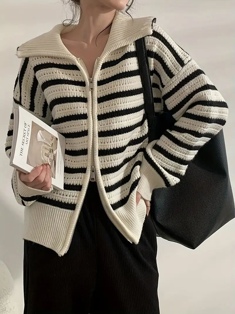 Long Sleeve Striped Cardigan Zip Up Casual Sweater Womens Clothing | Don't Miss These Great Deals... | Temu Affiliate Program