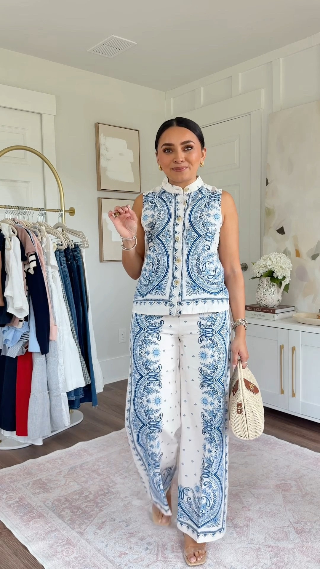 Blue paisley top size xxs regular TTS
Blue paisley pants size xs petite TTS - these are more of a straight fit so if you are curvier, size up a size!
Clear rattan heels size 5 TTS

Summer outfits
Vacation outfits
Vacation outfits beach

#LTKootd #LTKPetite #LTKSaleAlert