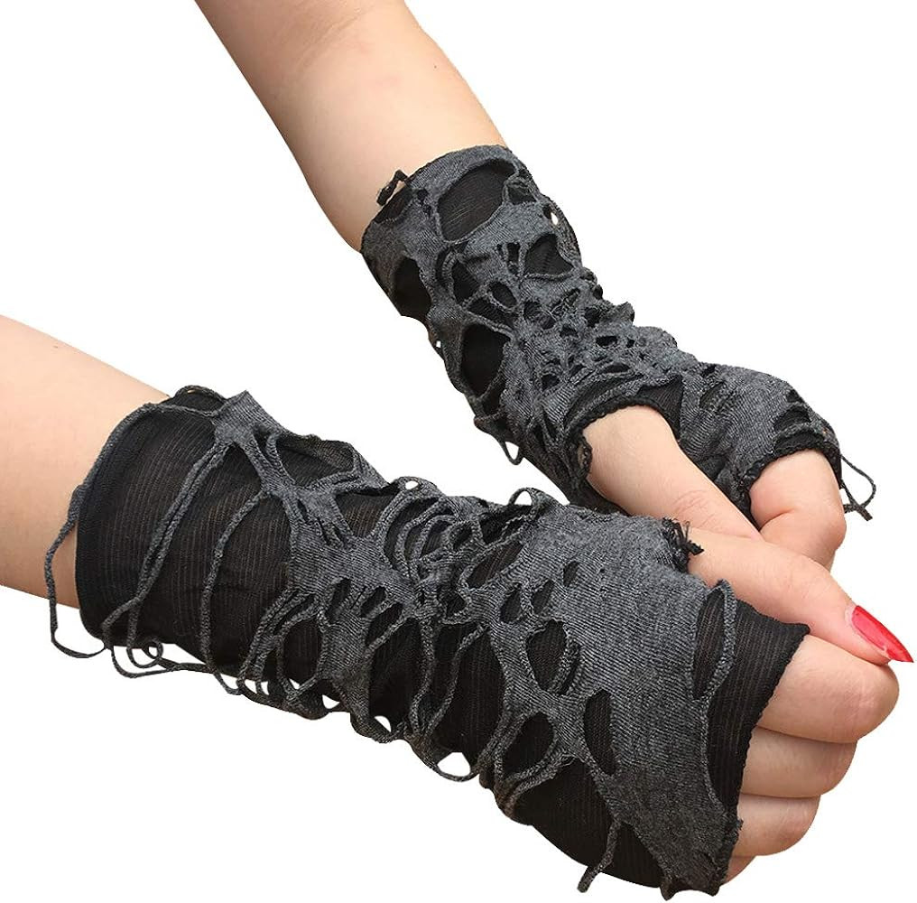 Mrotrida Women's Punk Fingerless Glove Cosplay Ripped Gloves for Halloween Costume Party 1Pair | Amazon (US)