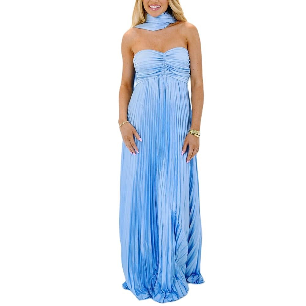 Womens Y2k Tube Strapless Pleated Maxi Dress with Scarf Maternity Silk Satin Formal Cocktail Ruff... | Amazon (US)