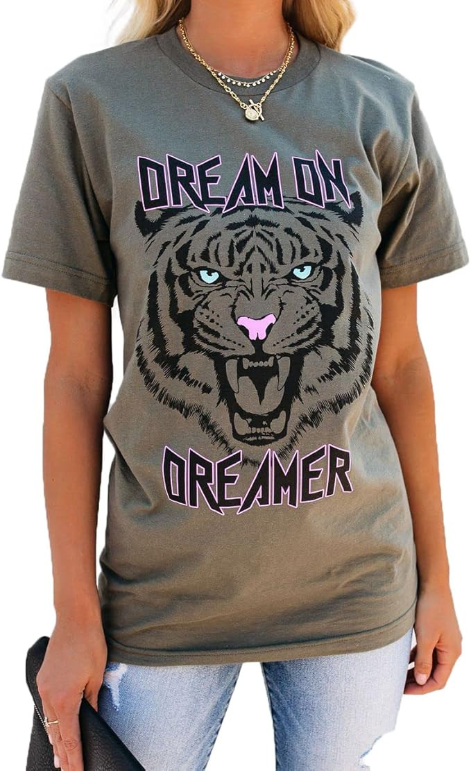 Tiger Printed Short Sleeve Tshirts,Womens Summer Crewneck Graphic Tee Shirt Blouse Tops | Amazon (US)