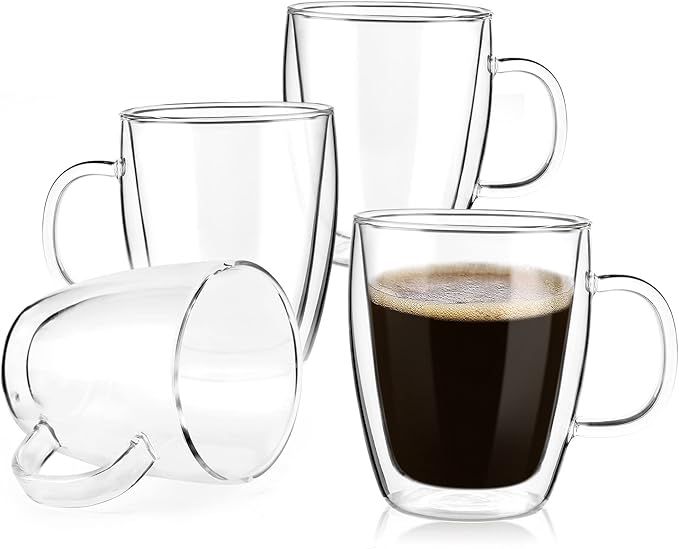 Double Wall Glass Coffee mugs, (Set of 4) 16 Ounces-Clear Glass Coffee Cups with Handle,Insulate... | Amazon (US)