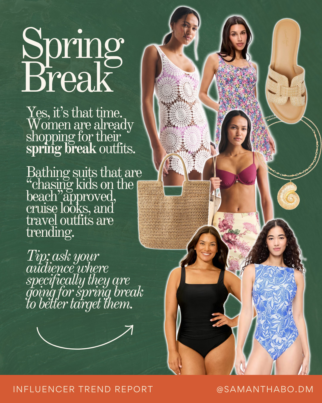 Upcoming trend: Spring Break outfits ideas: Yes, it’s that time. Women are already shopping for their spring break outfits.

Bathing suits that are “chasing kids on the beach”approved, cruise looks, and travel outfits are trending.

Tip: ask your audience where specifically they are going for spring break to better target them. 

 #LTKdayinmylife #LTKSeasonal #LTKMidsize