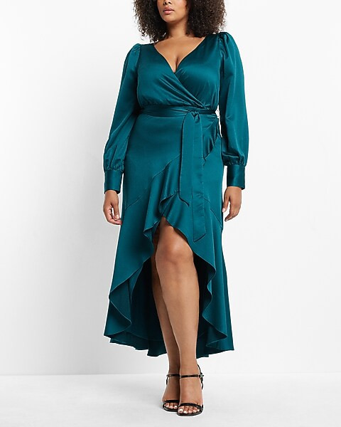 Textured Faux Wrap Ruffle Hi-Lo Maxi Dress | Express