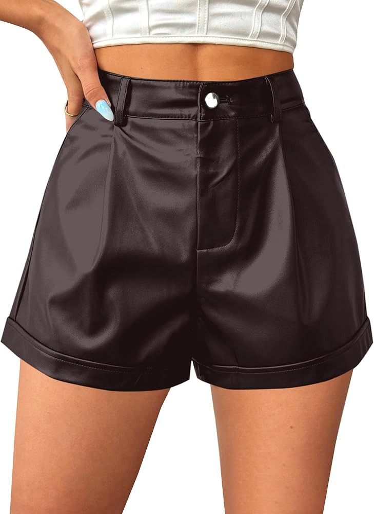 Avanova Women Faux Leather High Waisted Shorts Pleated Casual Summer Shorts | Amazon (US)