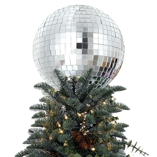 8'' Disco Ball Christmas Tree Topper Disco Mirror Ball 3D Hollow Sliver Tree Topper Disco Ball Xmas Tree Topper Mirror Ball Ornament for Indoor Office Christmas 70s Disco Holiday Tree Decoration | Amazon (US)