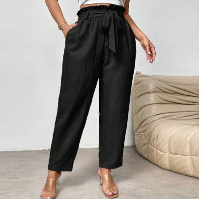 Plus Size Elegant Ruffle Edge Tie Waist Tapered Pocket Design Dress Pants Trousers For Work, Ankle Length | SHEIN