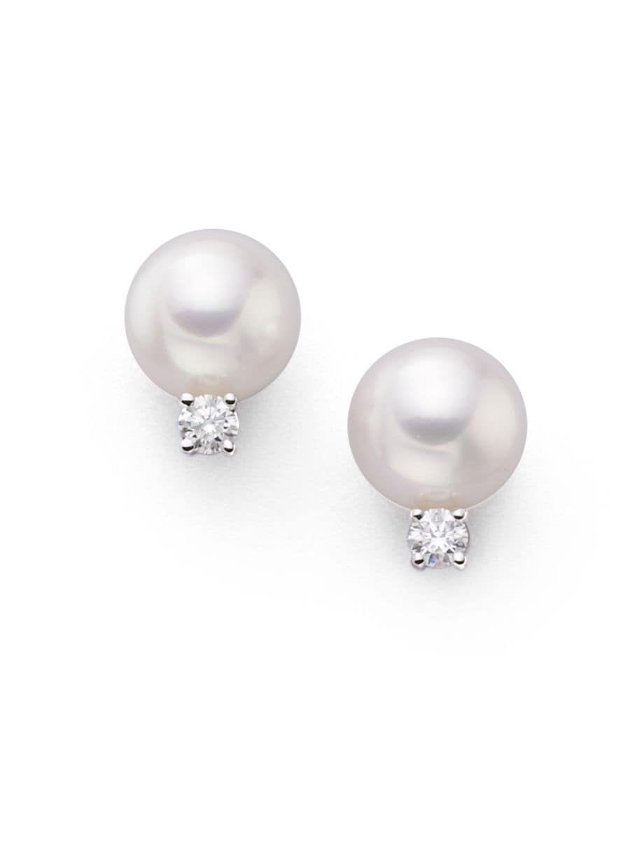 7MM White Cultured Akoya Pearl, Diamond & 18K White Gold Earrings | Saks Fifth Avenue