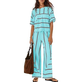 Nirovien Womens Striped Lounge Set 2 Piece Vacation Sets Short Sleeve Tops and Wide Leg Pants Tra... | Amazon (US)