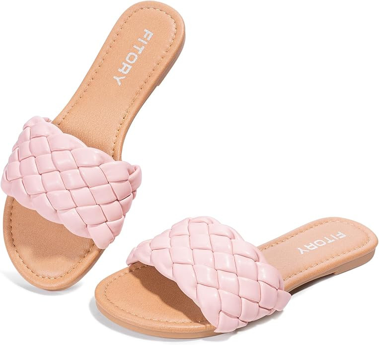 FITORY Womens Flat Sandals Fashion Round Open Toe Slip On Slides with Braided Strap Slippers for ... | Amazon (US)