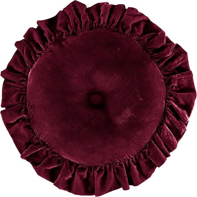 HiEnd Accents Stella Faux Silk Velvet Round Ruffled Pillow, Garnet Red, Romantic Western Modern T... | Amazon (US)