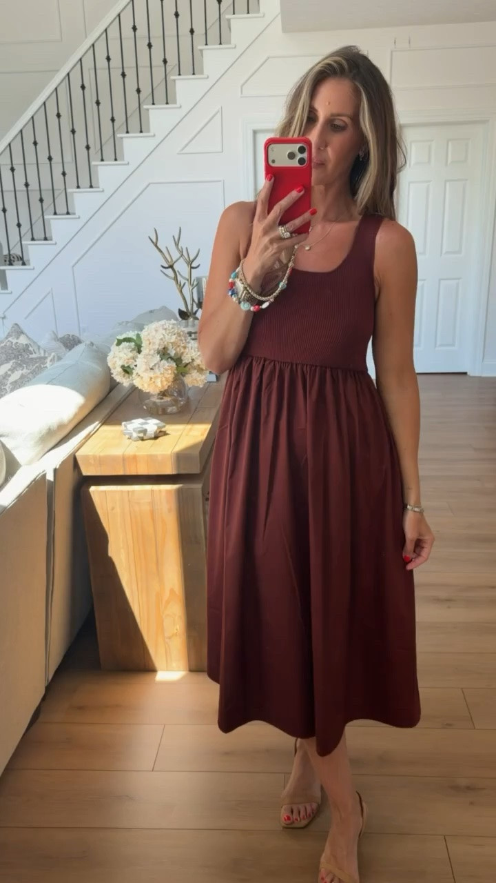 I wore this on a day when I wanted to feel comfortable but still look dressed for whatever came up. The ribbed bodice is soft and stretchy through the top, while the fuller skirt gives it movement without clinging. The deep brown color feels perfect for late summer now and will look just as good with a cardigan and boots once fall arrives.

Size M

brown midi dress, ribbed bodice dress, fall transition outfit, casual midi dress, comfortable dress, everyday style, flattering dress, late summer outfit, over 40 fashion, themominstyle

#LTKootd #LTKOver40 #LTKSeasonal