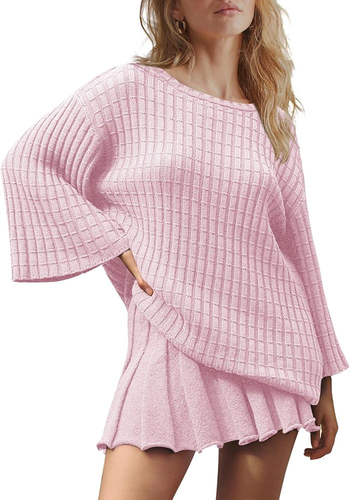 LAMISSCHE Womens Lounge Set Oversized 2 Piece Sweater Skirt Sets Long Sleeve Knit Top Pleated Ski... | Amazon (US)