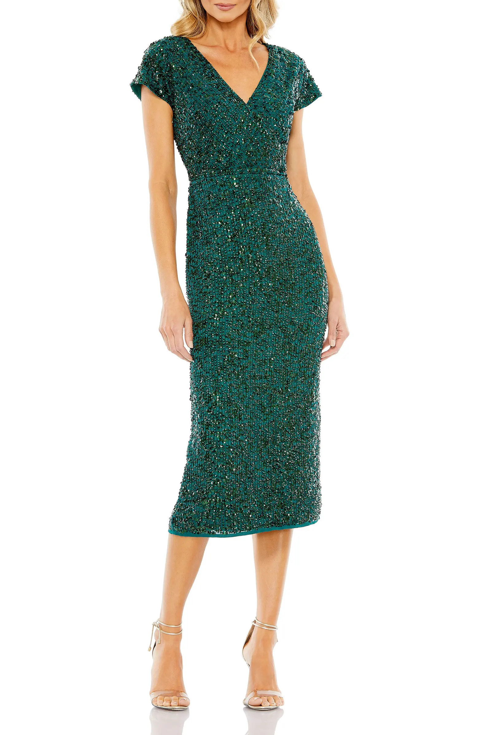 Mac Duggal Sequined Short Sleeve Wrap Over Cocktail Dress | Nordstrom | Nordstrom