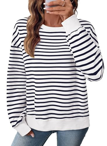 SHEWIN Sweatshirt for Women Casual Striped Long Sleeve Shirt Lightweight Womens Fall Tops Pullover Business Casual Outfits Crew Neck Oversized Sweatshirt for Women,(US 4-6) S,White | Amazon (US)