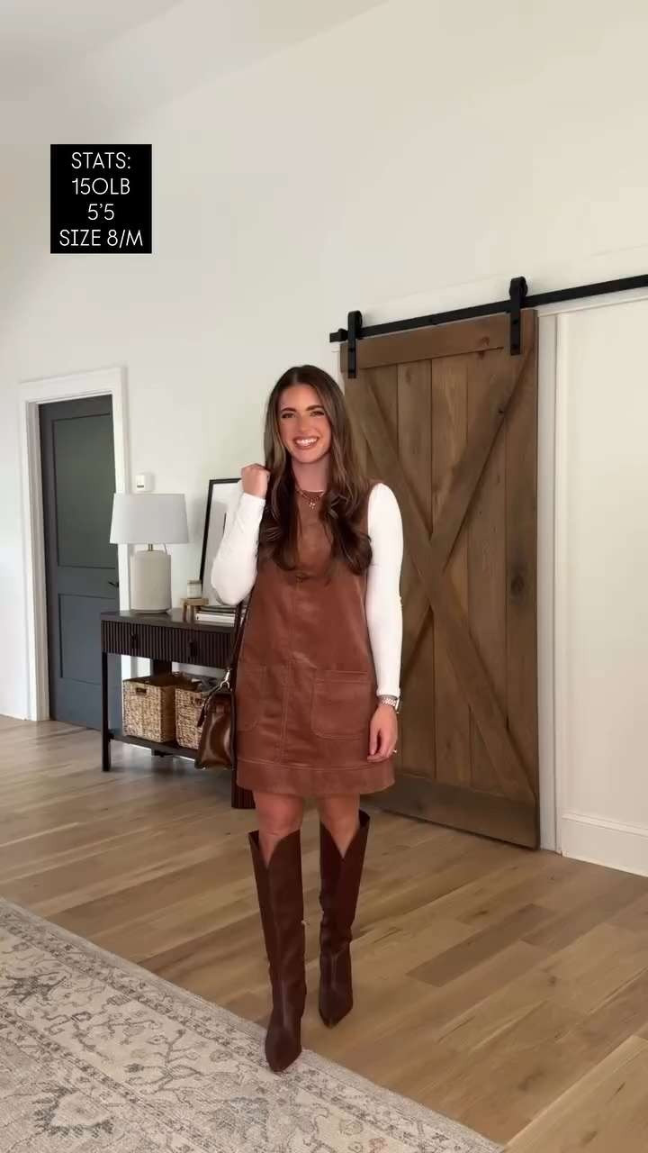 Dress in brown TTS - M • fave ribbed LS tee - so comfy & stretchy. White TTS - M • brown boots - sized up 1/2 including similar boots & exact DV! Bag in brown. Gloss shade sunrise blush. Fave perfume. 

 #LTKSaleAlert #LTKFindsUnder50 #LTKStyleTip