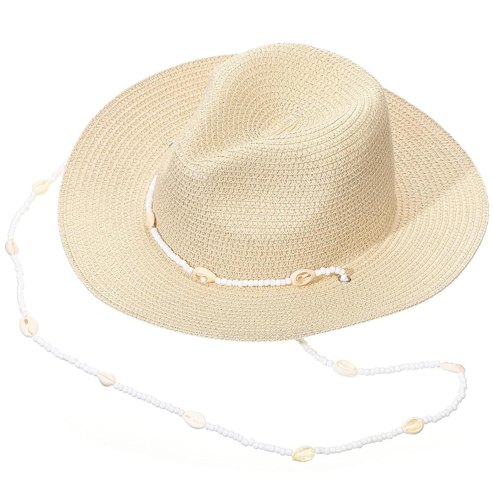 Womens Beach Straw Hats Wide Brim Summer Sun Hats with Seashells Lanyard Foldable Packable Panama... | Amazon (US)
