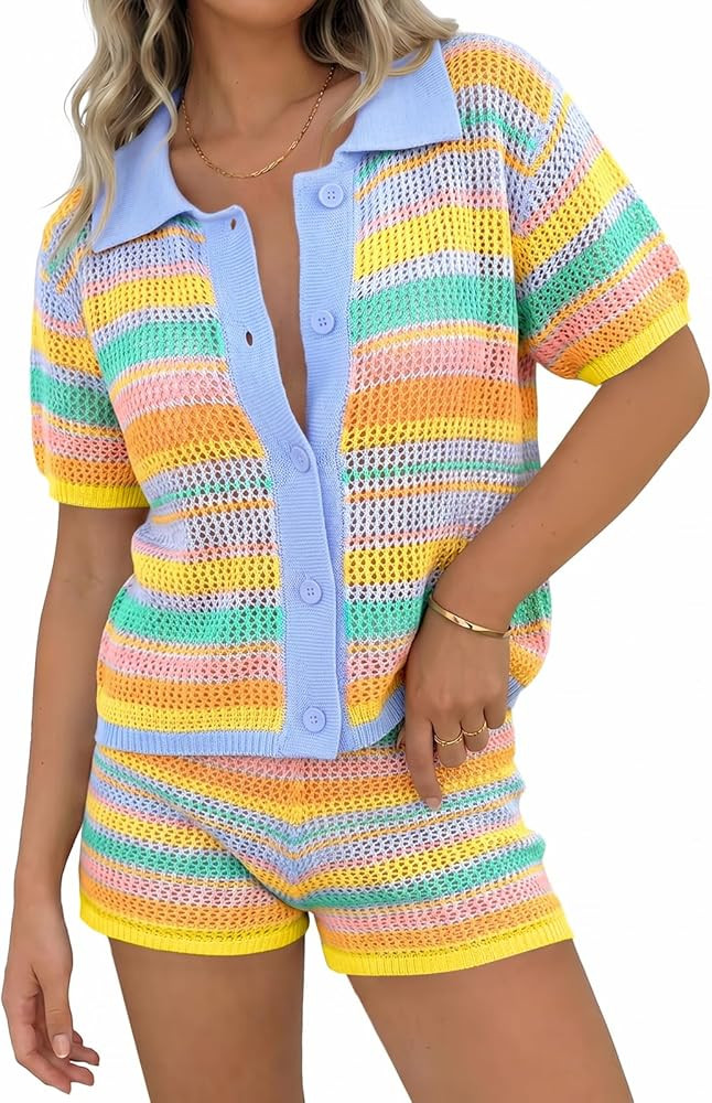 Womens 2 Piece Sweater Shorts Sets Knit Color Block Summer Outfits Short Sleeve Tops Cover Up Cut... | Amazon (US)