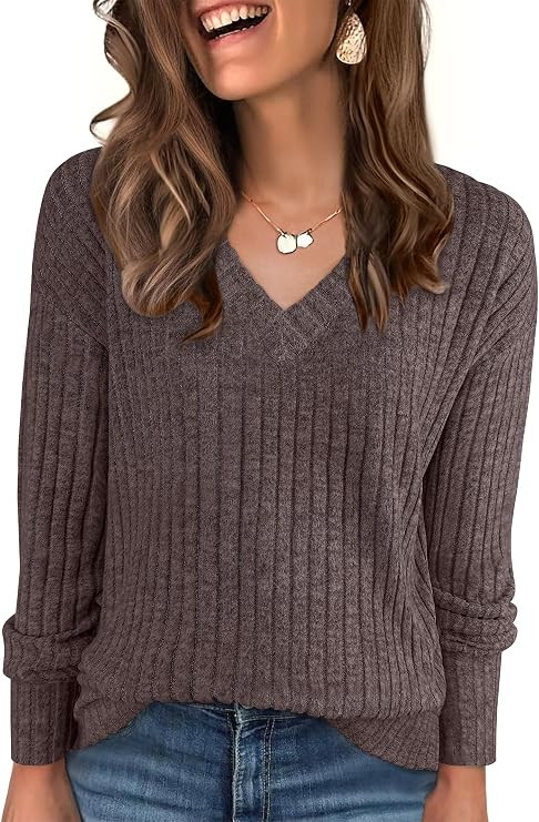 ANRABESS Ribbed V Neck Long Sleeve Shirts for Women | Amazon (US)