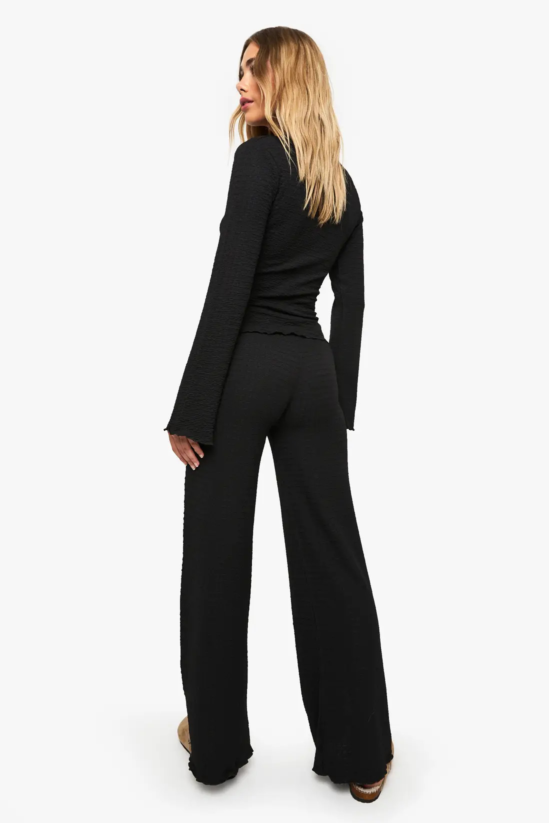 Textured Long Sleeve Lettuce Hem Top & Trouser Co Ord | Boohoo.com (UK & IE)