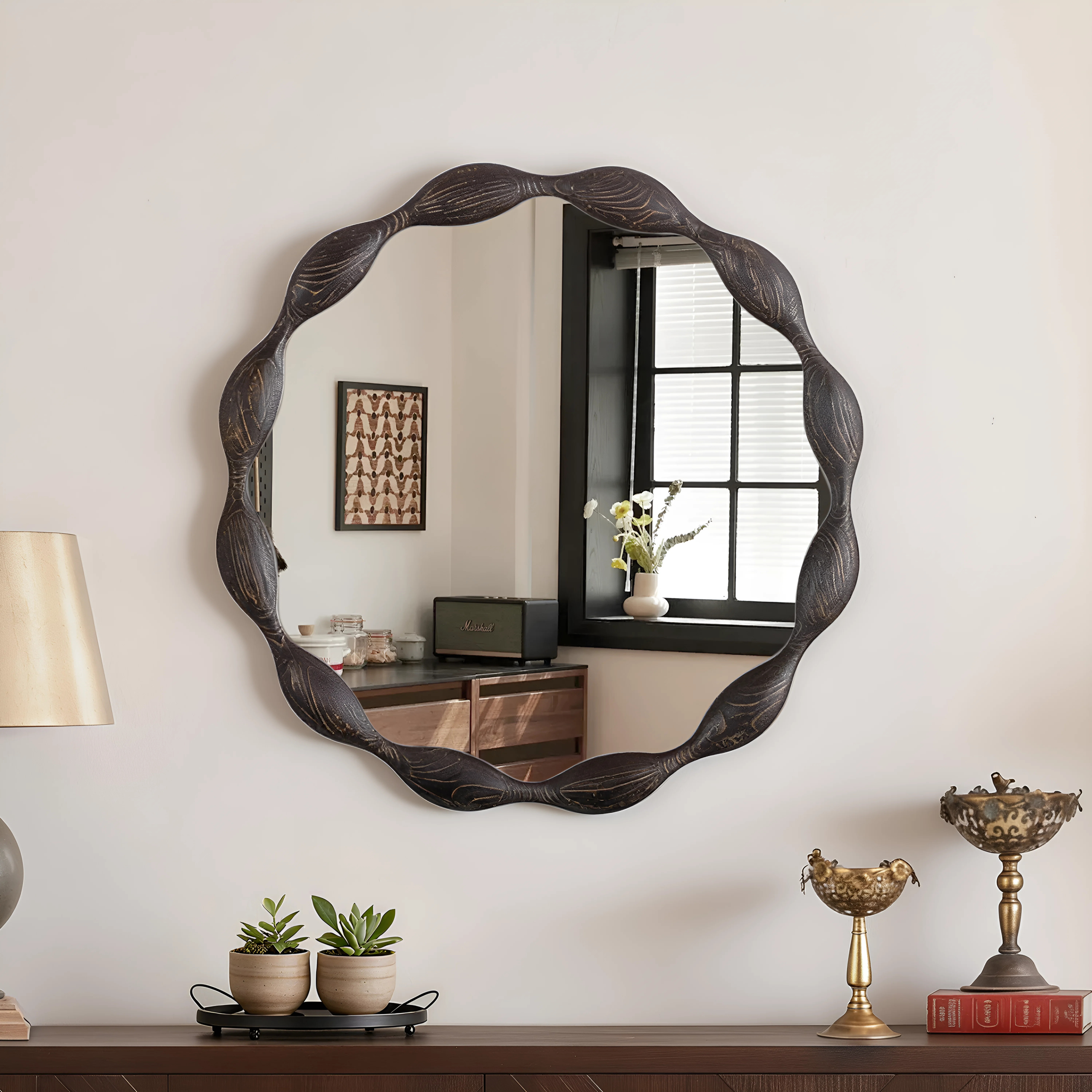 32.5" Vintage Oval Solid Wood Framed Wavy Organic Design Wall Mounted Vanity Mirror | Wayfair North America