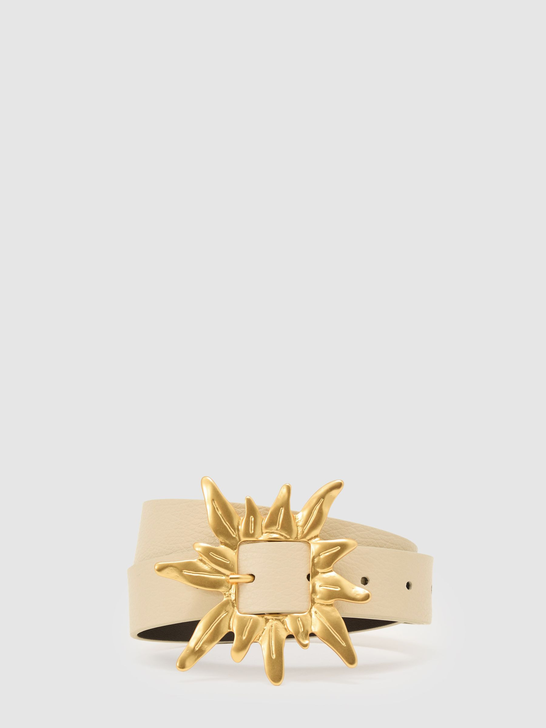 Reiss Leather Sun-Buckle Belt in Off White | REISS | Reiss US