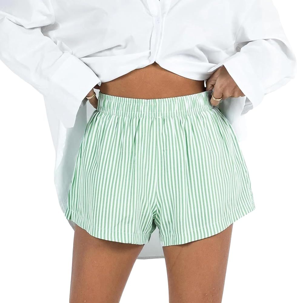Striped Boxer Shorts for Women Y2k Cute Stripe Print Pajama Shorts Elastic Waist Lounge Bottoms w... | Amazon (US)