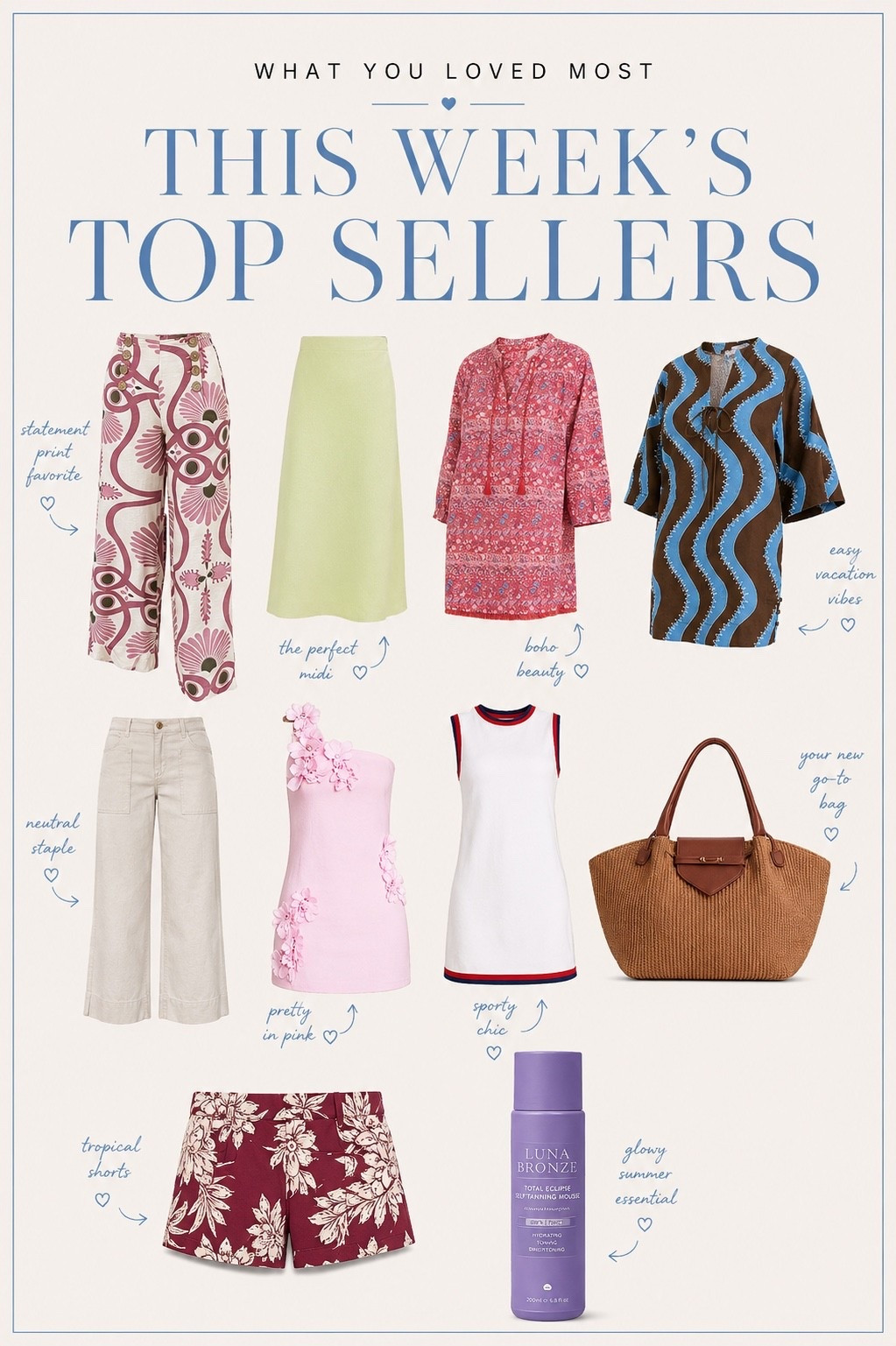 Your favorites this week are giving effortless summer style. ☀️

From statement print pants and breezy vacation dresses to chic everyday staples, these were the best selling fashion finds everyone couldn’t stop shopping this week. If you’re building a summer capsule wardrobe or looking for elevated outfits for vacation, brunch, work, or weekends, these customer favorites are worth adding to your cart.

Which one is your favorite?

[top sellers, best selling fashion, summer fashion finds, summer outfit ideas, vacation outfits, capsule wardrobe, women’s clothing, statement pants, midi skirt outfit, boho dress, white dress, woven tote bag, summer shorts, self tanning mousse, chic summer style, elevated everyday outfits, resort wear, women’s fashion]

#LTKOver40 #LTKTravel