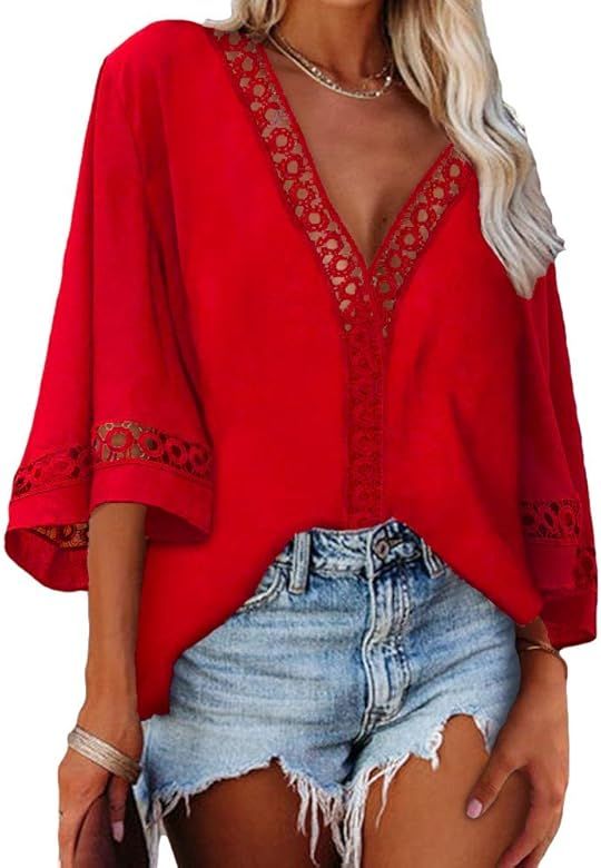 Grlasen Women Fashion 3/4 Bell Sleeve V Neck Shirt Lace Patchwork Casual Loose Shirt Tops | Amazon (US)