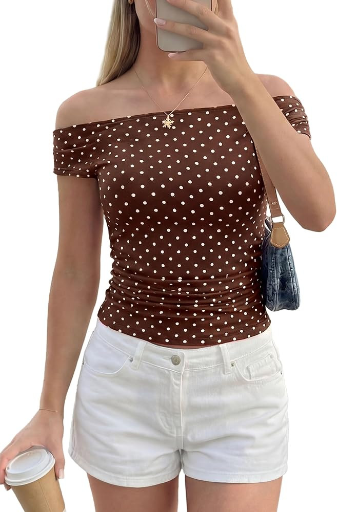 PRETTYGARDEN Womens Off The Shoulder Tops 2026 Summer Y2K Clothes Going Out Shirts Ruched Tank To... | Amazon (US)