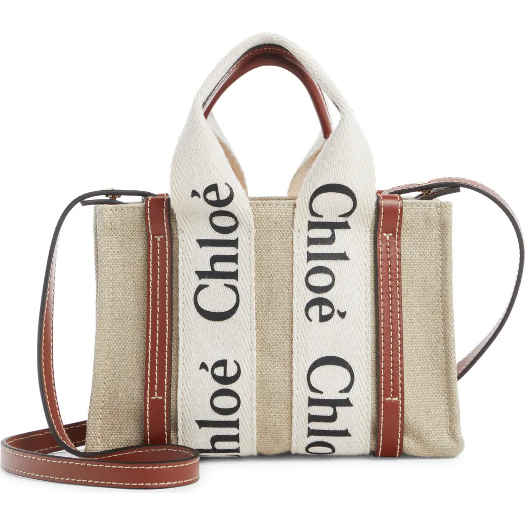 Chloé Small Woody Logo Strap Linen Tote in White - Brown at Nordstrom | Nordstrom