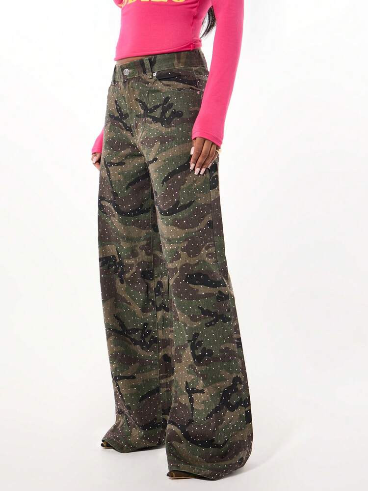 SUMWON WOMEN Rhinestone Embellished Wide Leg Cargo Pants Military Combat Utility Style Camouflage... | SHEIN