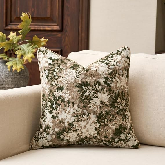 Neutral Floral Pillow Cover 20 x 20 Inches, Vintage Chenille Square Throw Pillow Cover Soft Decor... | Amazon (US)