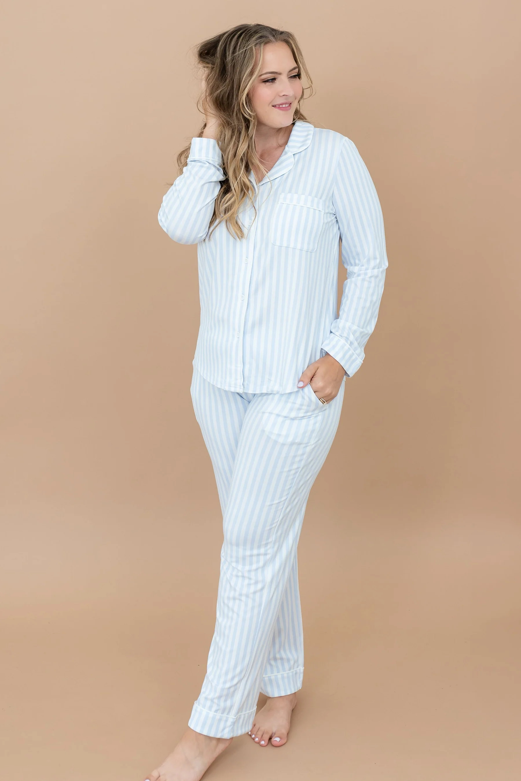 Long-Sleeved Women's Pajama Set in Small Mist Stripe with Cloud Trim | Kyte Baby