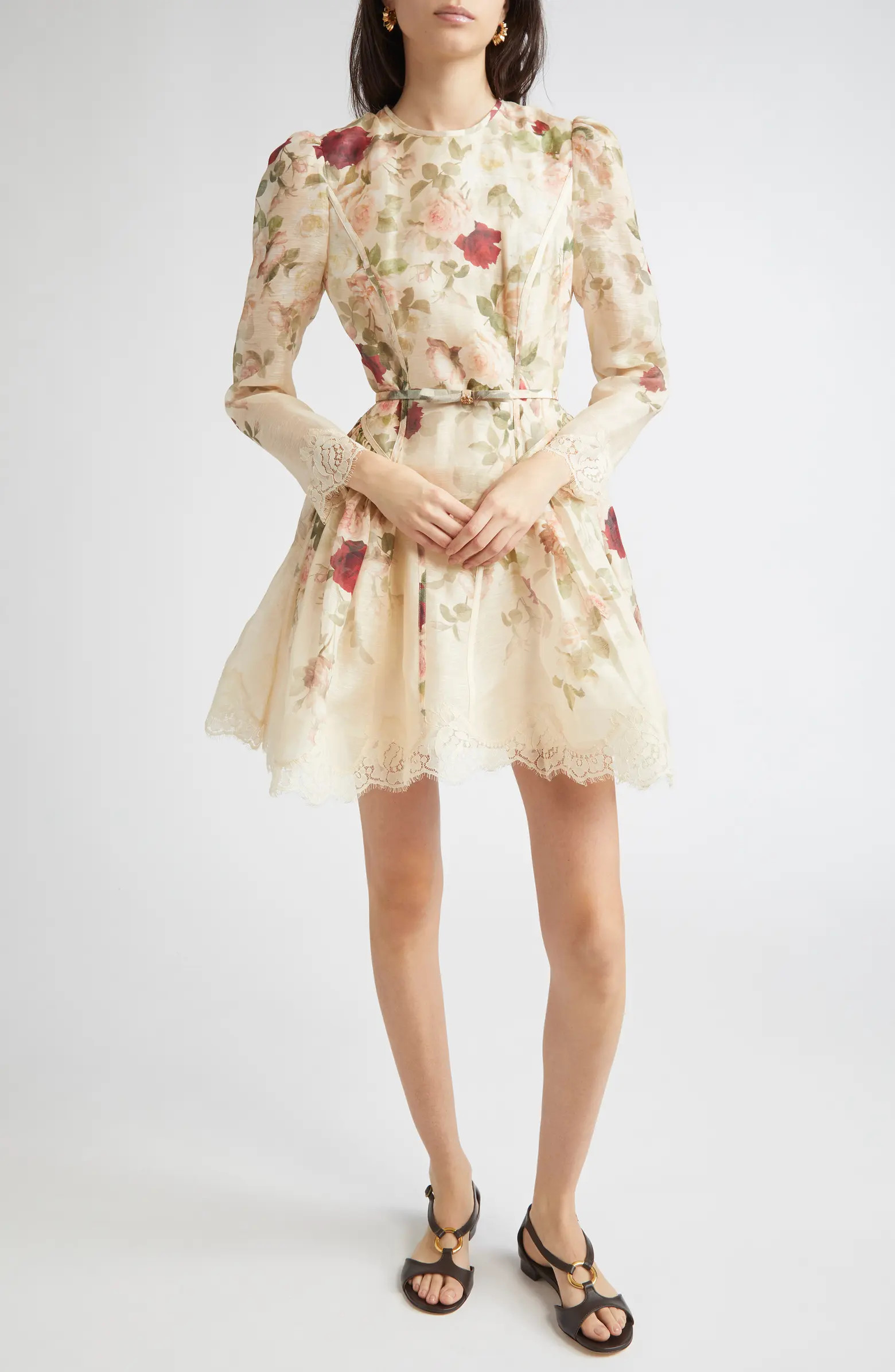 Zimmermann Hypnotic Lace Trim Long Sleeve Belted Linen & Silk Minidress | Nordstrom | Nordstrom