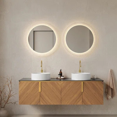 60" Bathroom Vanity With Sink, Modern Wall-Mounted Plywood Bathroom Storage Cabinet With 4 Doors, Black Sintered Stone Countertop And 2 White Round Ce | Wayfair North America