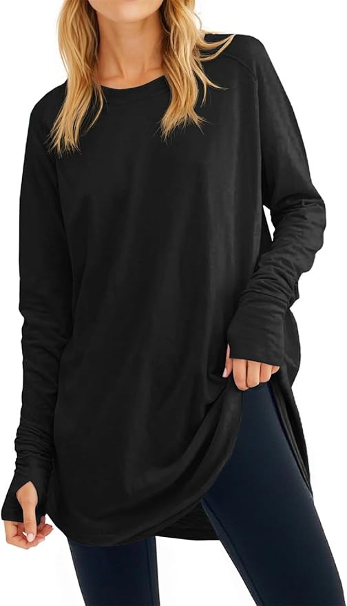 Fisoew Women's Casual Long Sleeve Tops Crew Neck Round Hem Loose T-Shirts Tunic Tops with Thumb H... | Amazon (US)