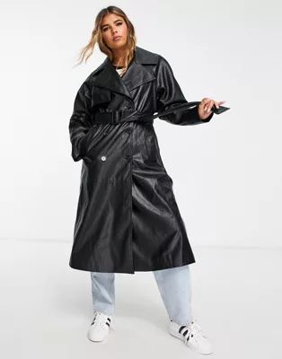 Bershka faux leather trench coat in black | ASOS (Global)
