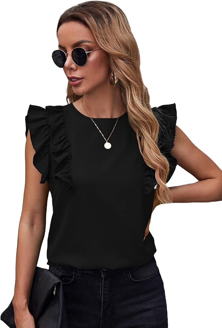 Milumia Women Elegant Ruffle Trim Butterfly Sleeve Blouse Round Neck Work Shirt Top | Amazon (US)