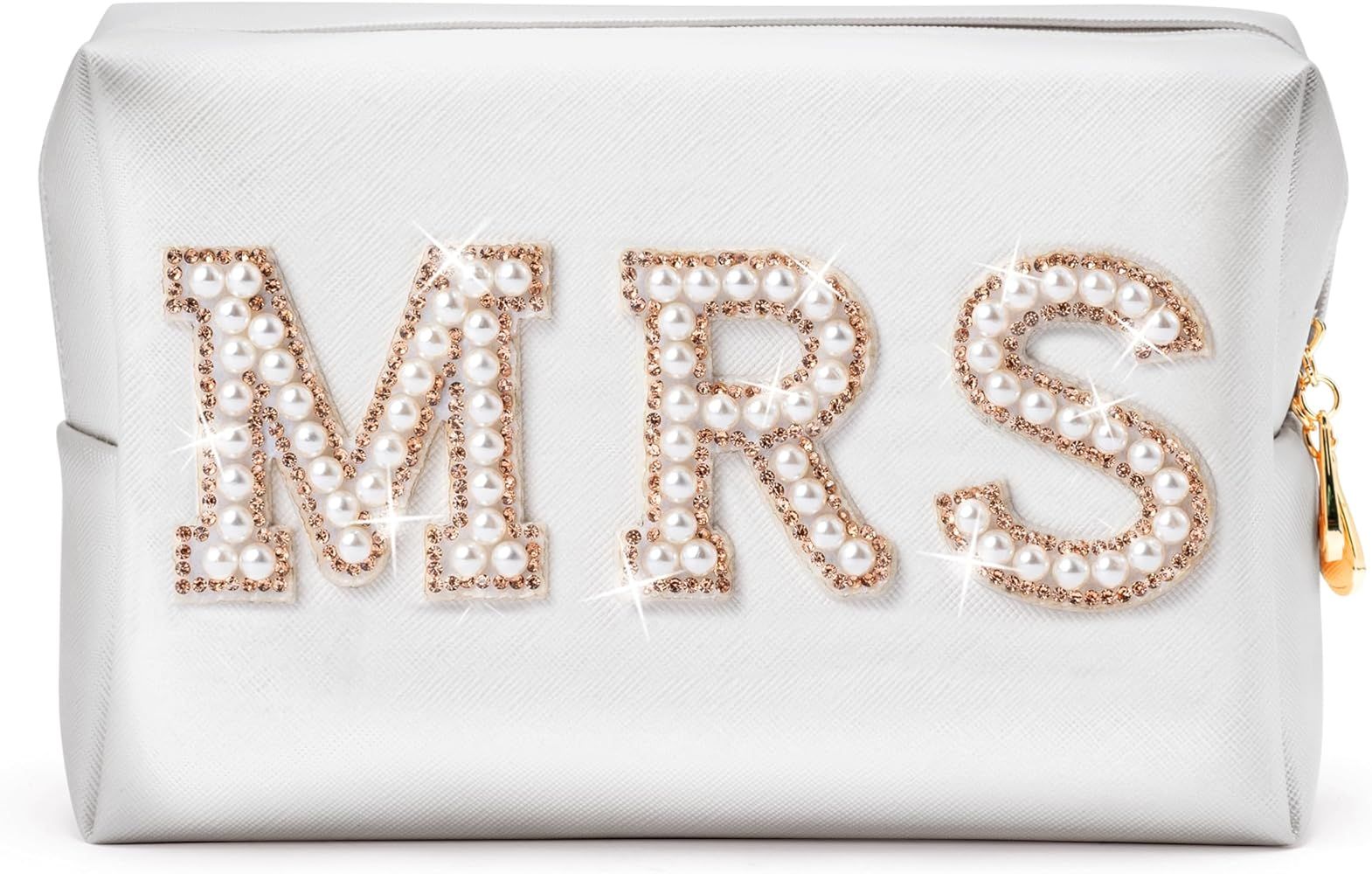 Y1tvei Large Bride Gold MRS Patch Varsity Letter Cosmetic Toiletry Pearl Rhinestone Letter Patche... | Amazon (US)