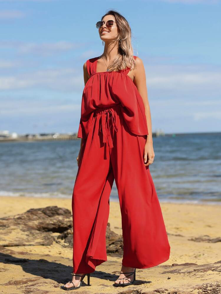 Flowy Cami Top & Knot Front Wide Leg Pants | SHEIN