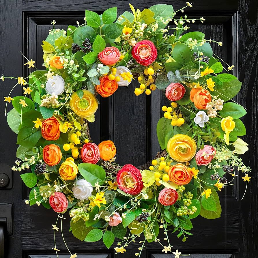 Spring Wreaths for Front Door Outside 24 Inch, Summer Wreath Outdoor with Lotus and Berries, Gree... | Amazon (US)