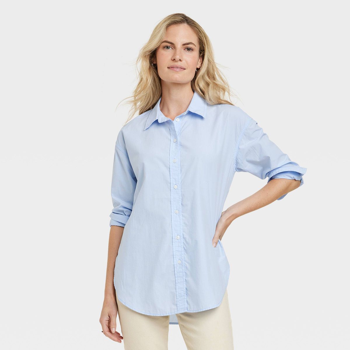 Women's Oversized Long Sleeve Collared Button-Down Shirt - Universal Thread™ Blue S | Target